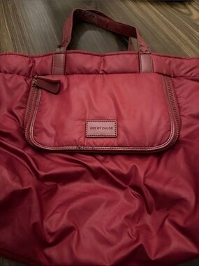 See By Chloe Burgundy Quilted Tote with Front Zip Pocket